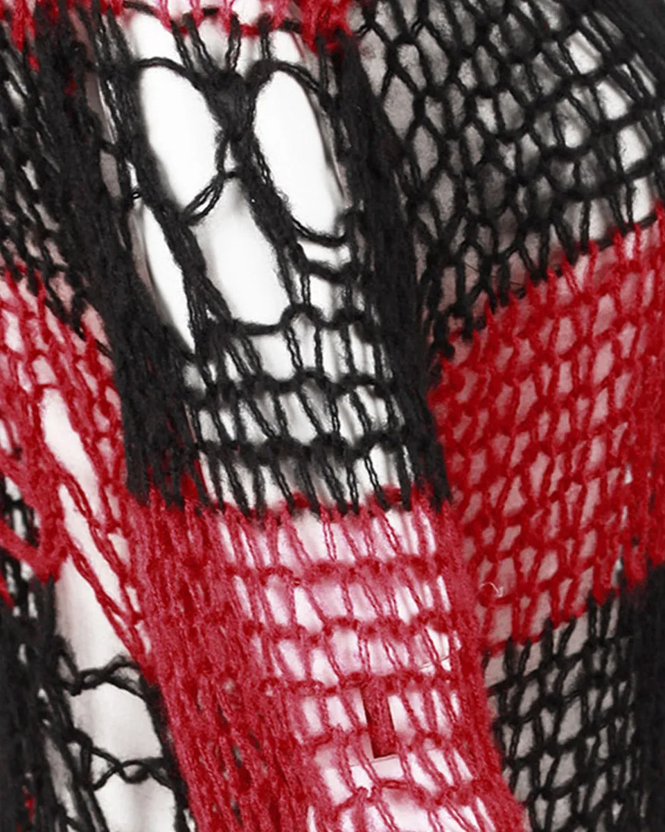 Punk Rave Womens Shredded Broken Knit Sweater Top - Black & Red Stripe