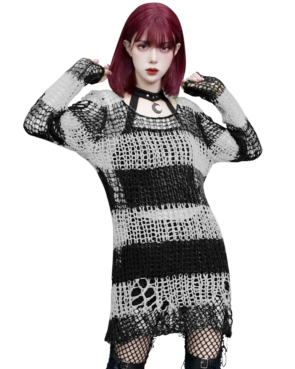 Punk Rave Womens Shredded Broken Knit Sweater Top - Black & White Stripe