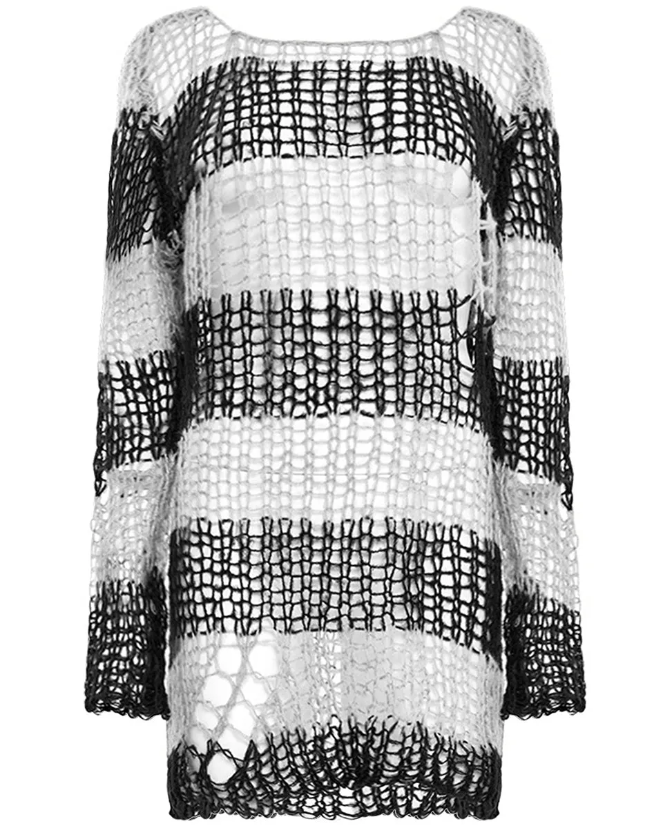 Punk Rave Womens Shredded Broken Knit Sweater Top - Black & White Stripe