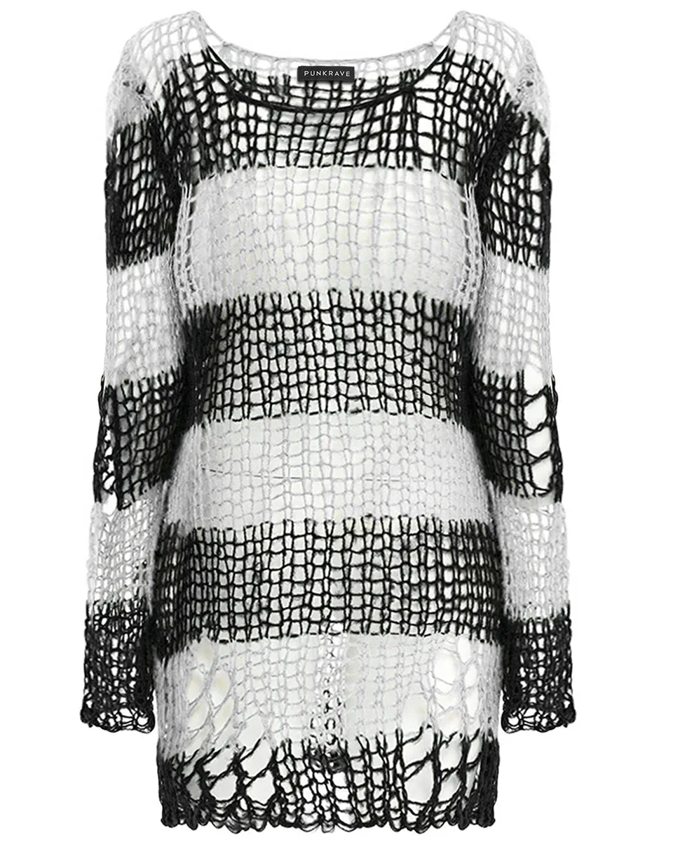 Punk Rave Womens Shredded Broken Knit Sweater Top - Black & White Stripe