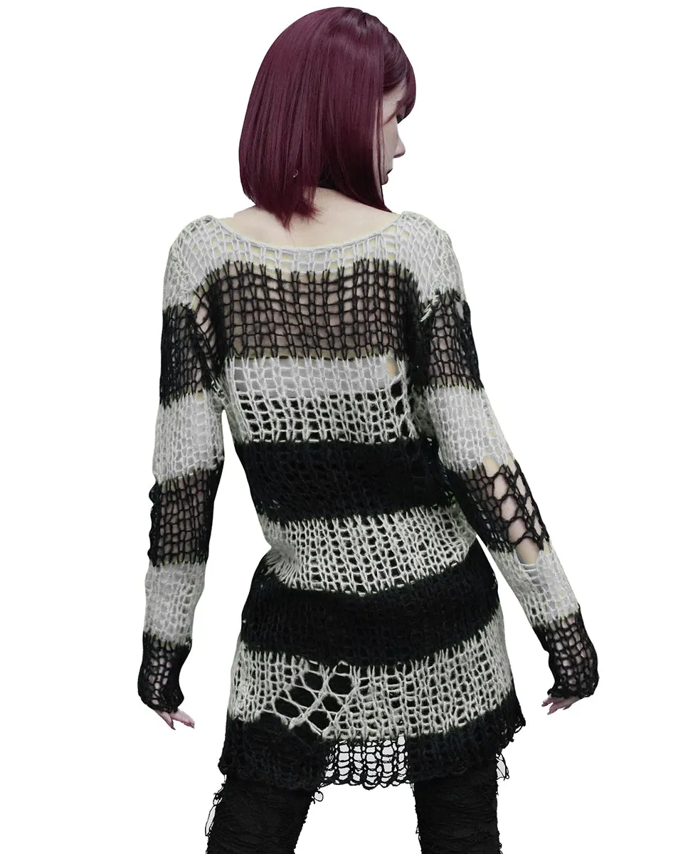 Punk Rave Womens Shredded Broken Knit Sweater Top - Black & White Stripe