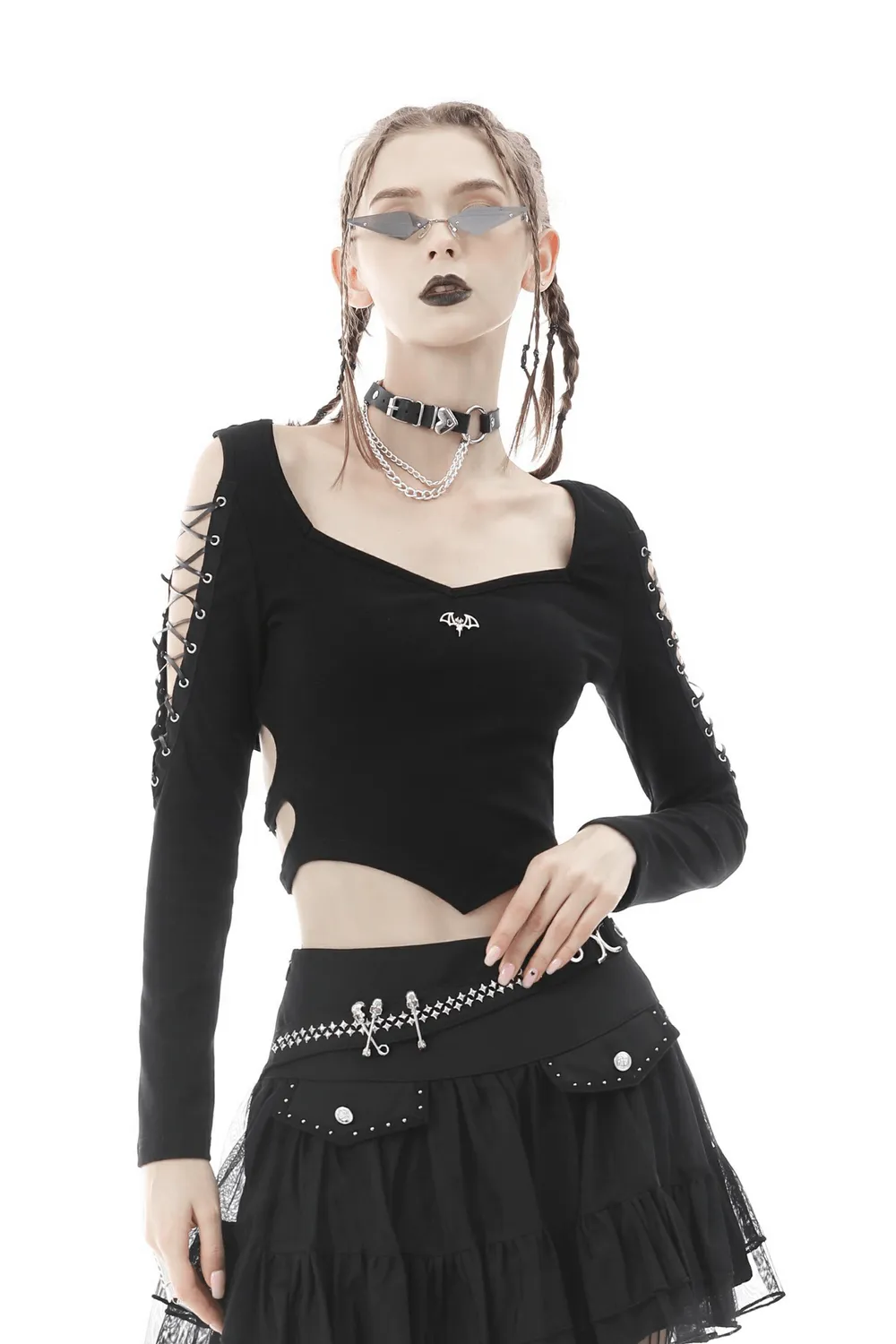 Punk Rock Batwing Long Sleeves Lace-Up Crop Top