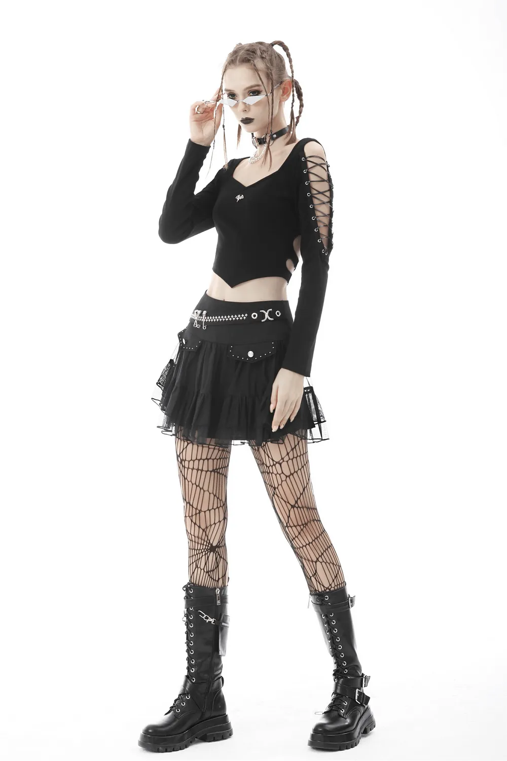 Punk Rock Batwing Long Sleeves Lace-Up Crop Top