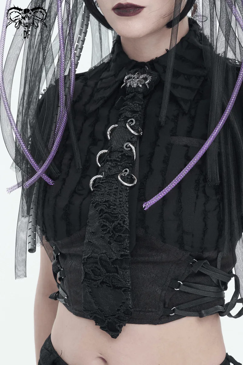 Punk Skull Necktie with Metal Rings / Stylish Gothic Adjustable Collar Tie