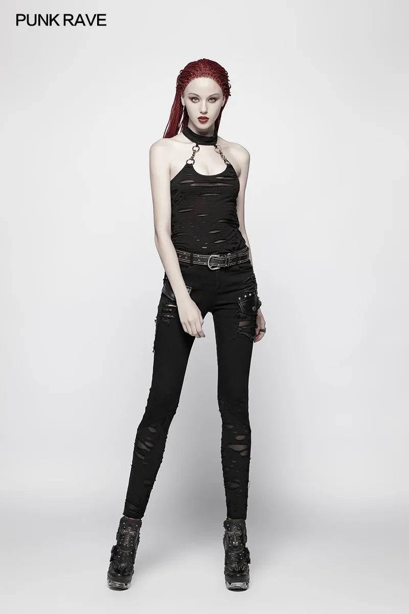 Punk Womens Halter Broken Hole Chain Knit Vest