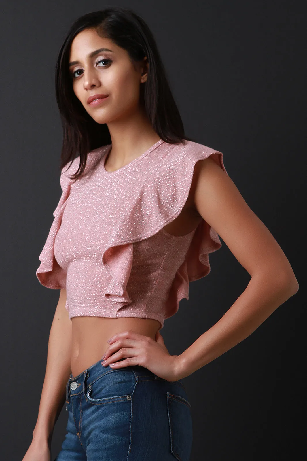 Shimmer Ruffle Sleeves Crop Top