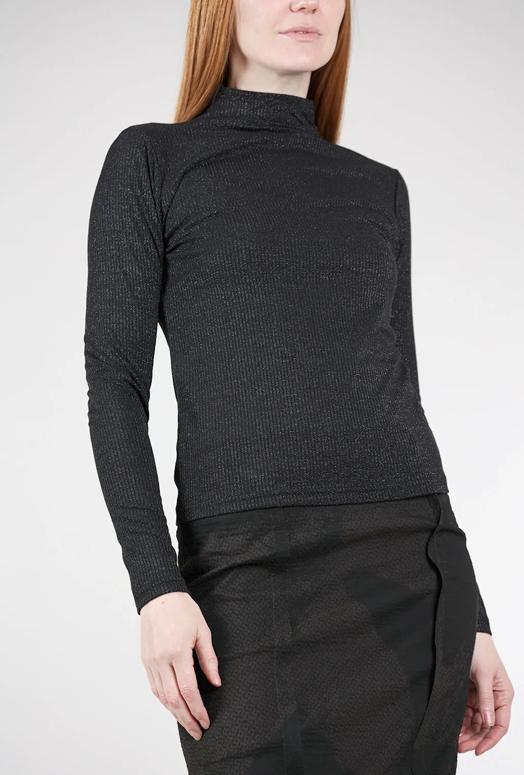 Shimmery Ribbed Mock Neck, Black