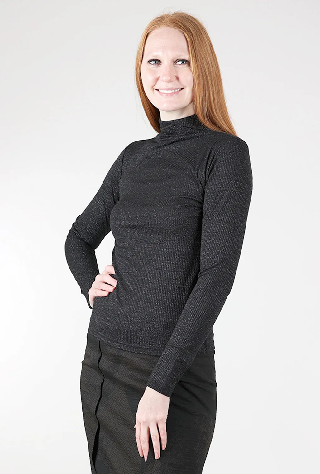 Shimmery Ribbed Mock Neck, Black