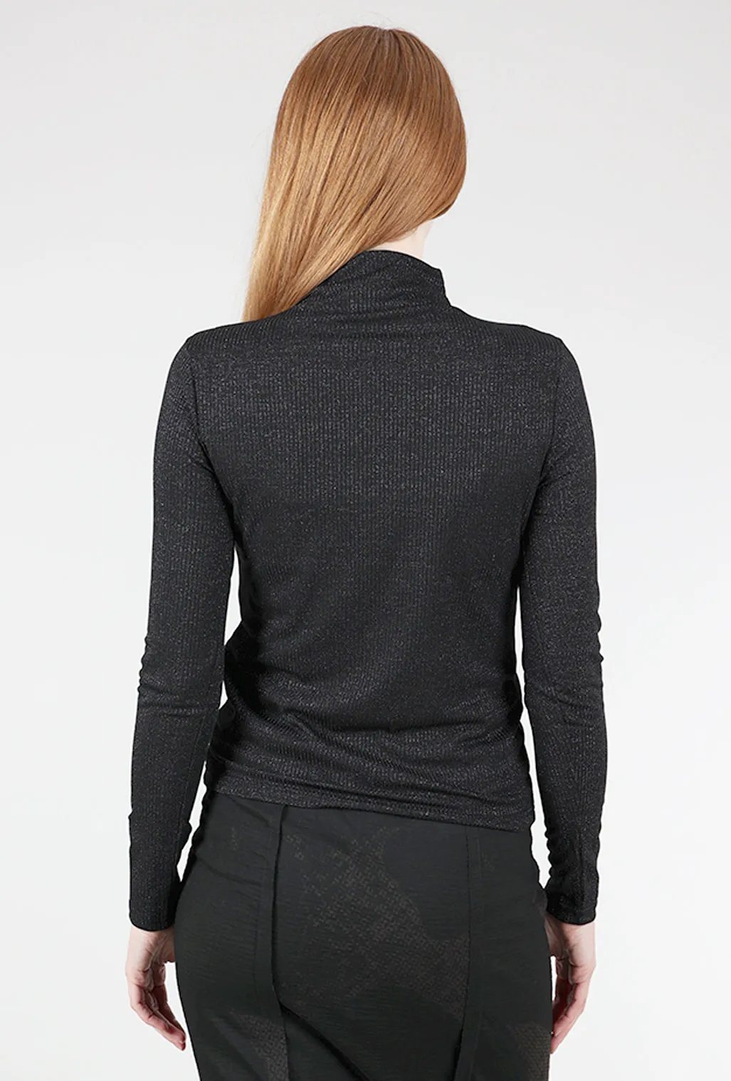 Shimmery Ribbed Mock Neck, Black
