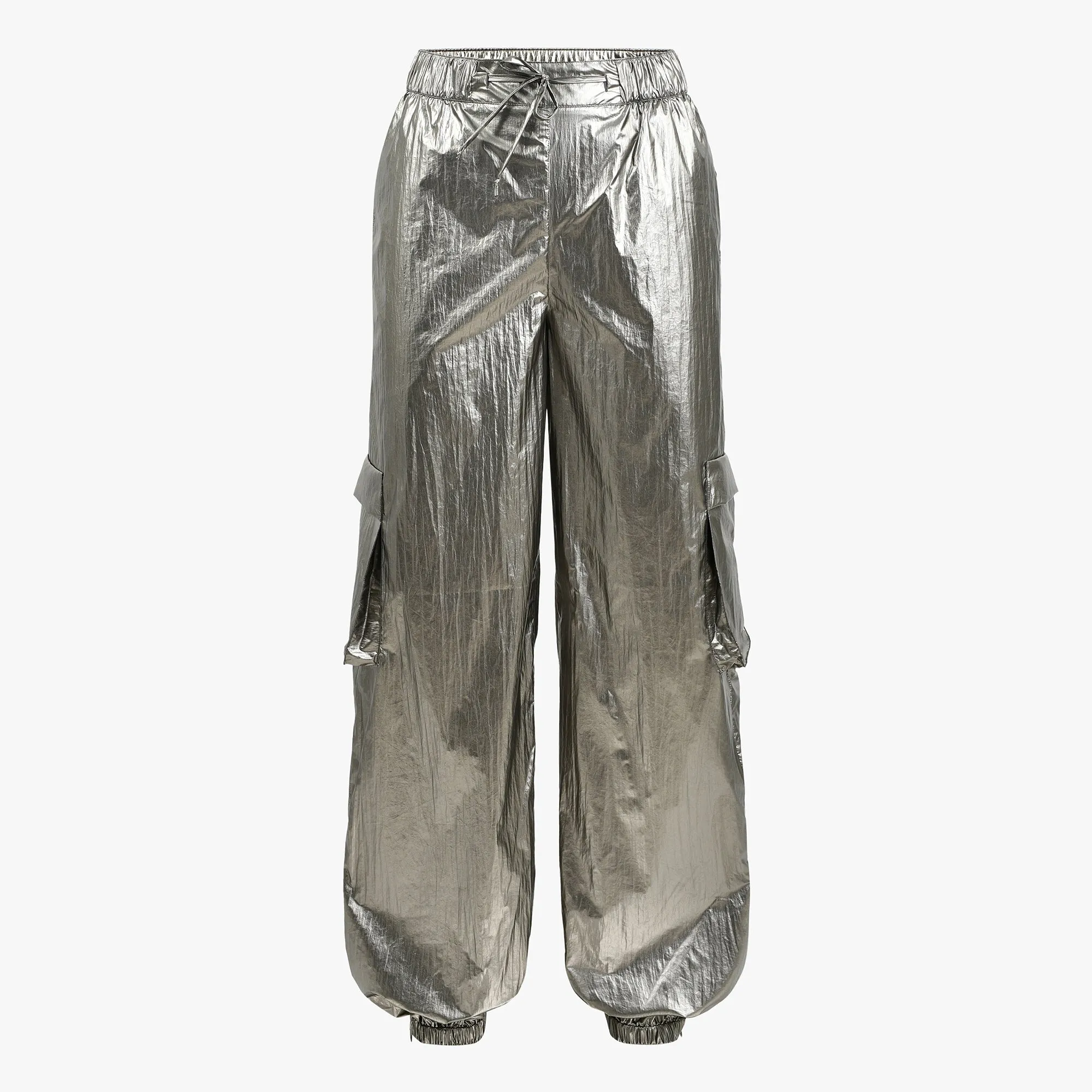Shiny Cargo Pants Drawstring Waist - Silver