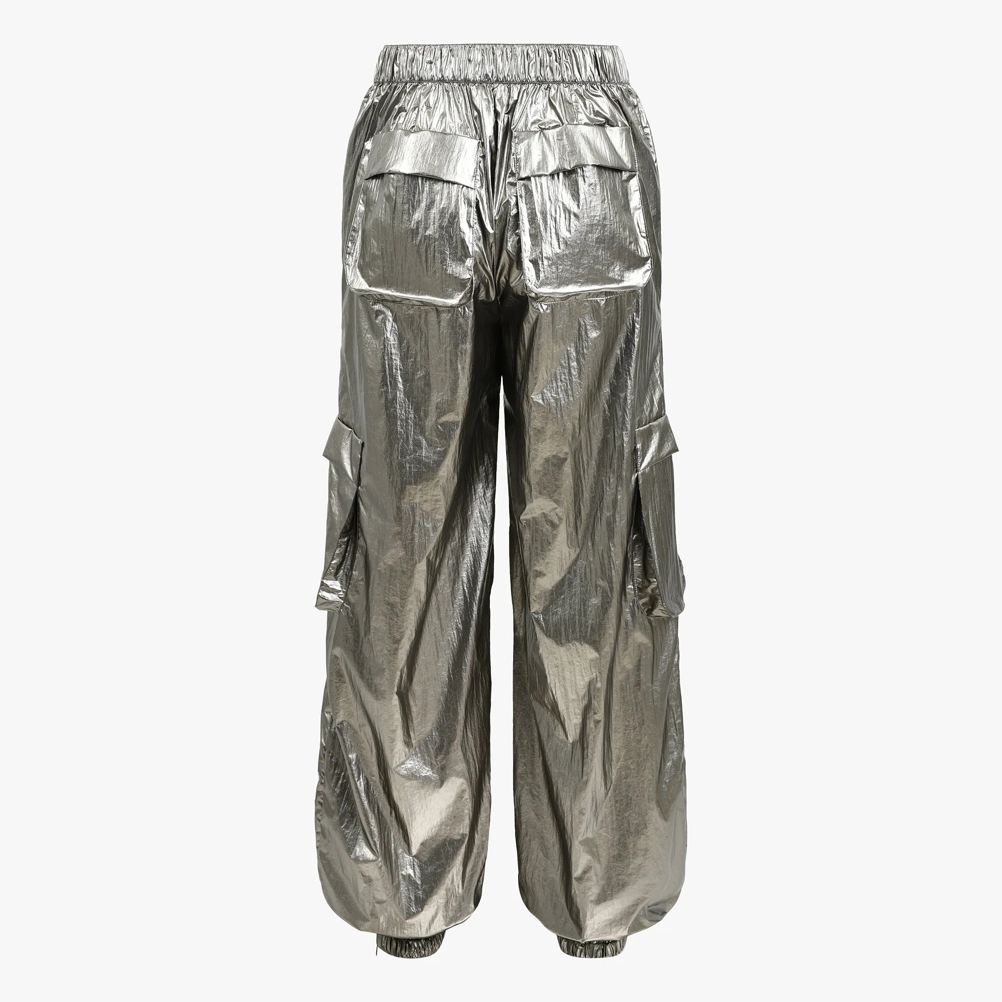 Shiny Cargo Pants Drawstring Waist - Silver