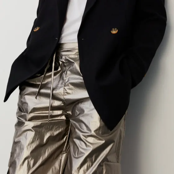 Shiny Cargo Pants Drawstring Waist - Silver