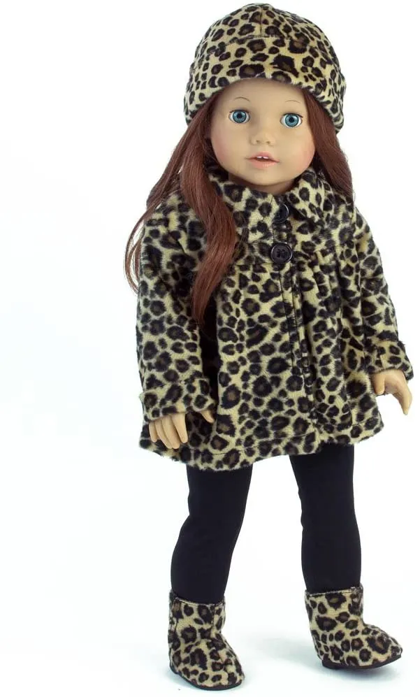 Sophia’s by Teamson Kids 4 Piece Baby Dolls Clothes Set with Doll Shoes, 18" Doll Outfit with Animal Print Coat, Leggings and Doll Hair Hat Accessory