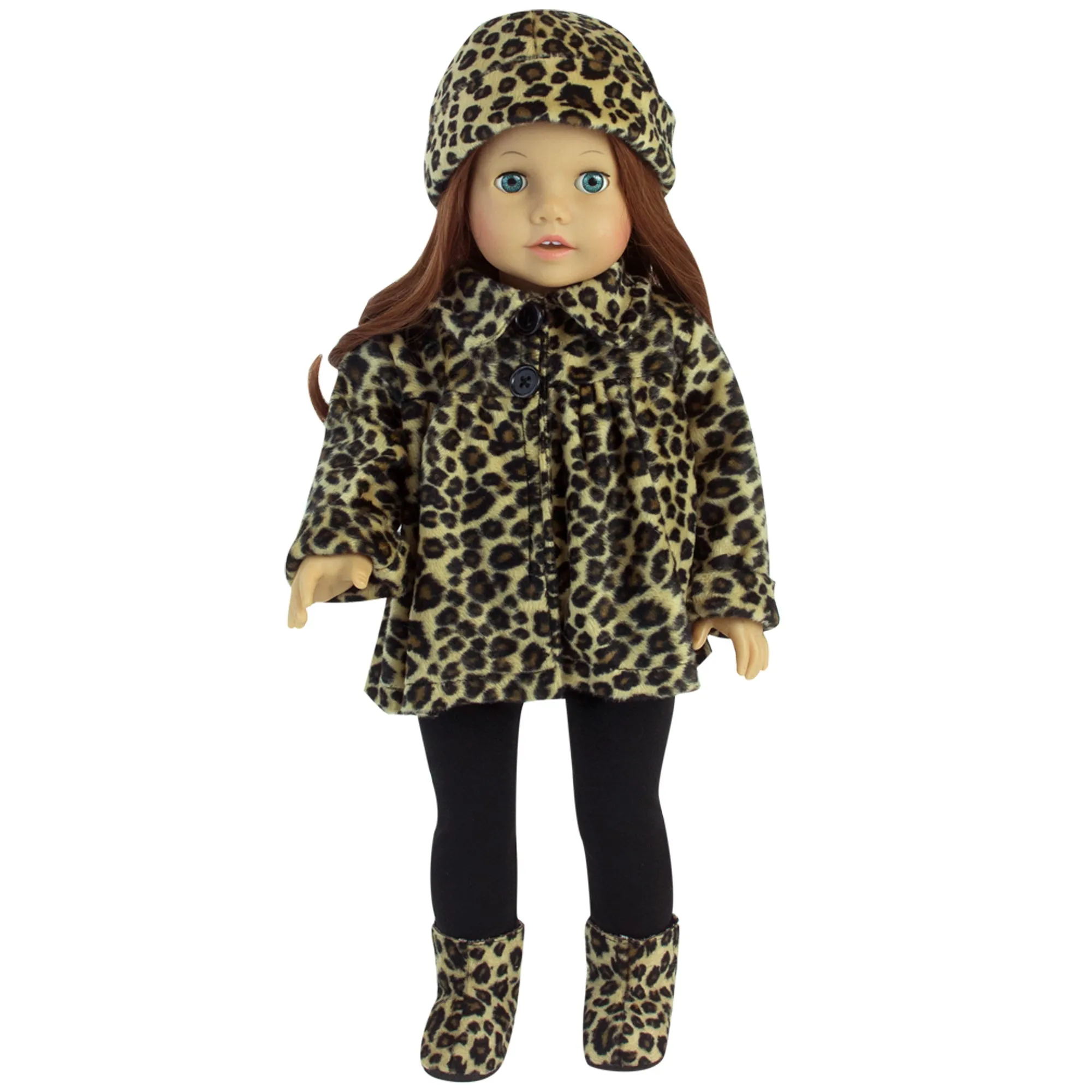 Sophia’s by Teamson Kids 4 Piece Baby Dolls Clothes Set with Doll Shoes, 18" Doll Outfit with Animal Print Coat, Leggings and Doll Hair Hat Accessory