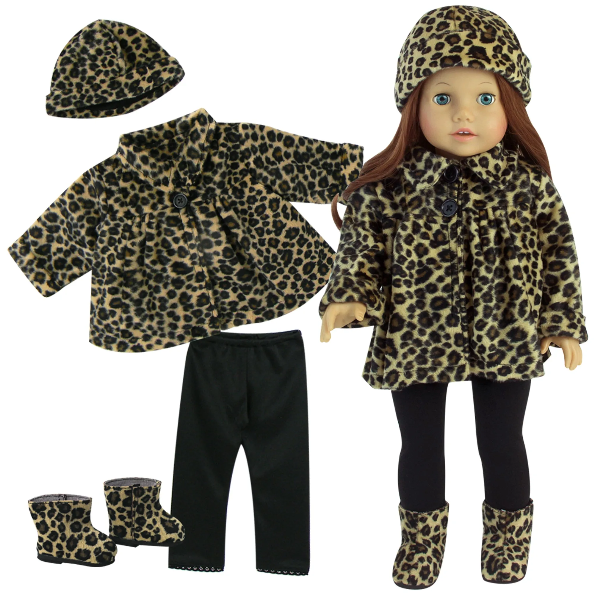 Sophia’s by Teamson Kids 4 Piece Baby Dolls Clothes Set with Doll Shoes, 18" Doll Outfit with Animal Print Coat, Leggings and Doll Hair Hat Accessory