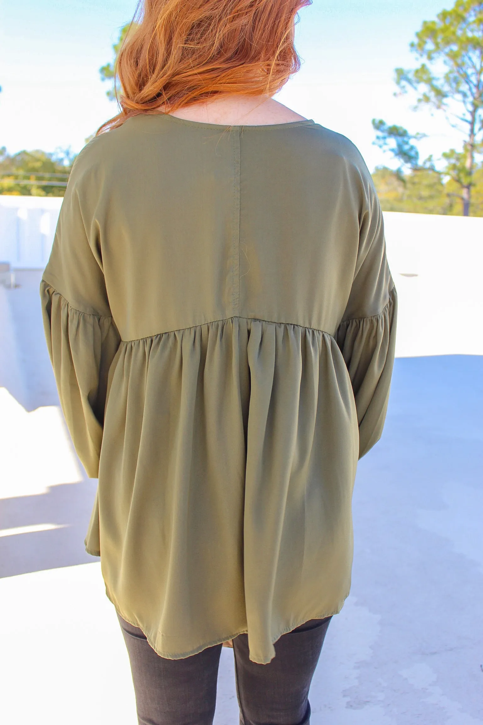 Stacy V Neck Babydoll Blouse- Olive