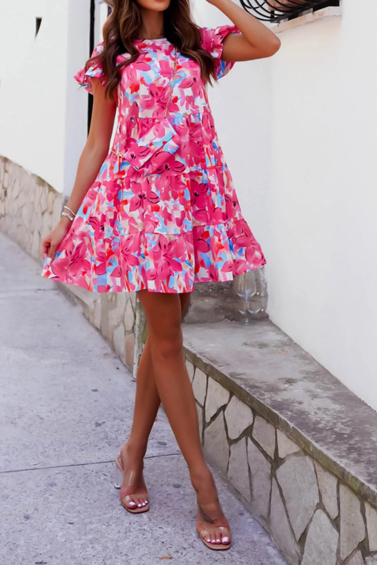 TastyHottie - Flares Short Sleeve Floral Print Babydoll Dress