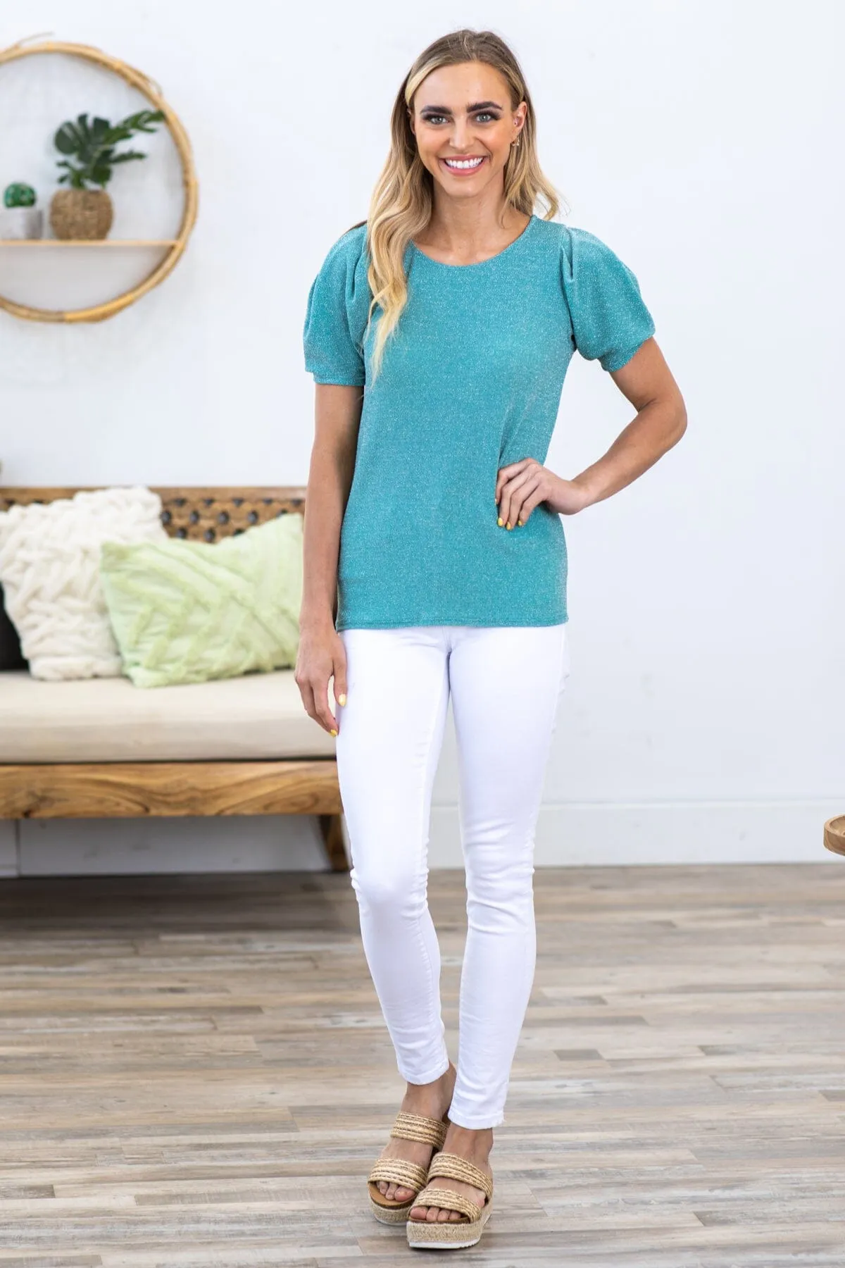 Teal Puff Sleeve Lightweight Sweater Knit Top