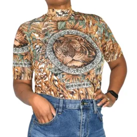 Vintage Lion Portrait Shirt Brown Baroque Jungle Top Shimmer 90s Y2k Metallic Sheer Knit Size Small