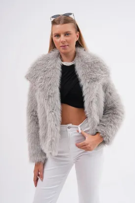 Wide Collar Faux Fur Jacket – Soft Gray