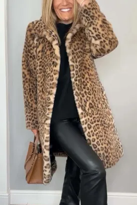 Women's Fashionable Leopard Lapel Faux Fur Winter Coat