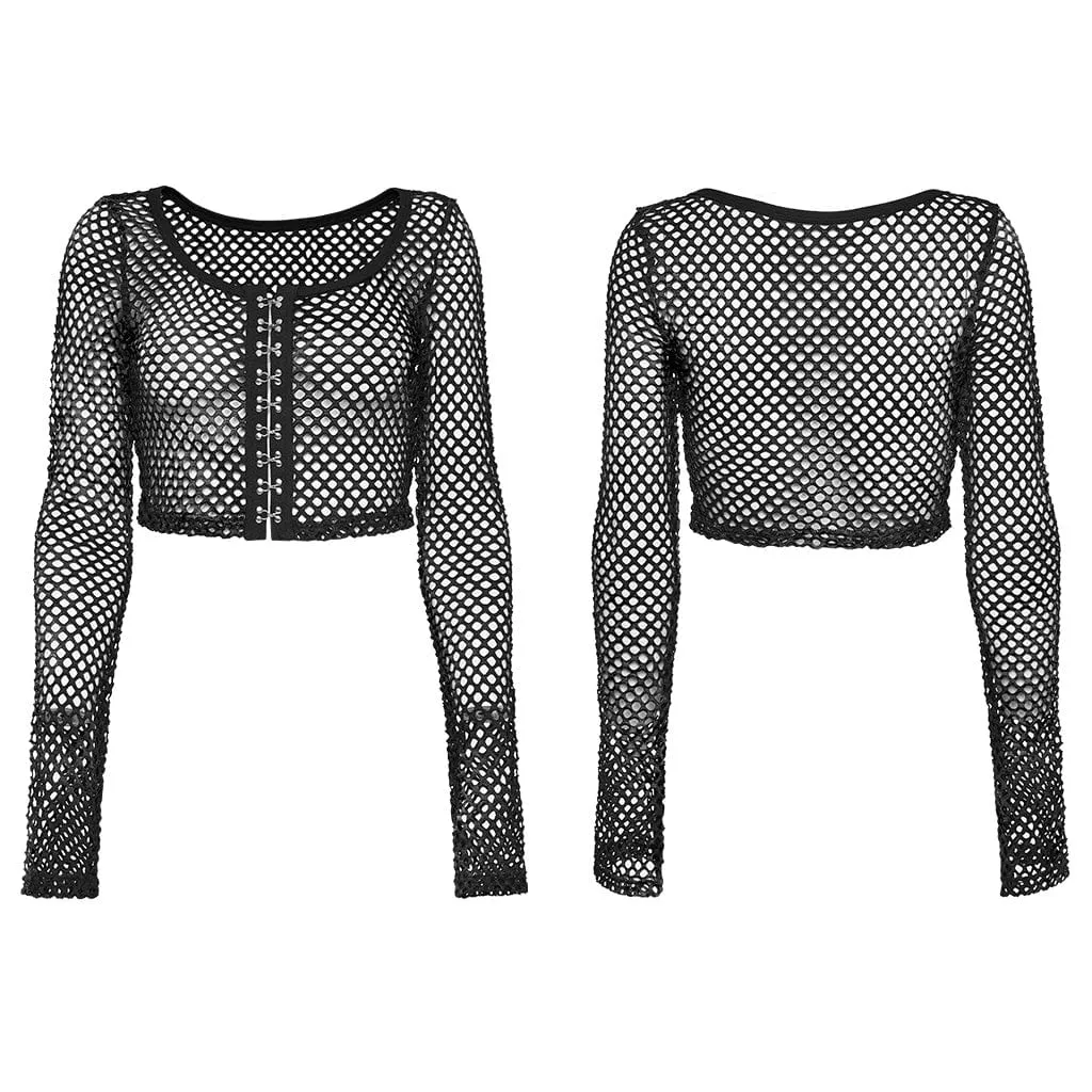 Women's Punk Mesh Tie-dyed Long Sleeved Crop Top Black