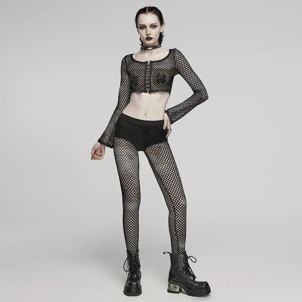 Women's Punk Mesh Tie-dyed Long Sleeved Crop Top Black