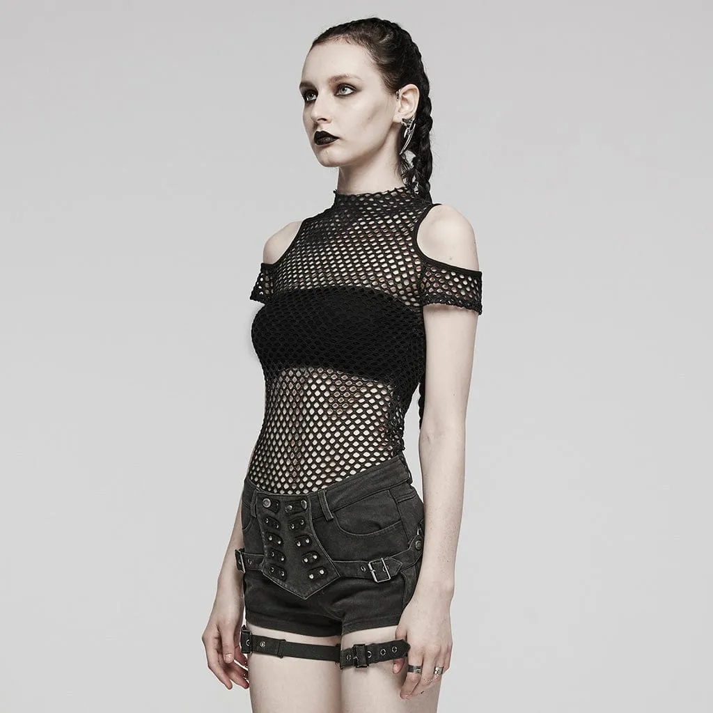 Women's Punk Sheer Cutout Mesh Top Black