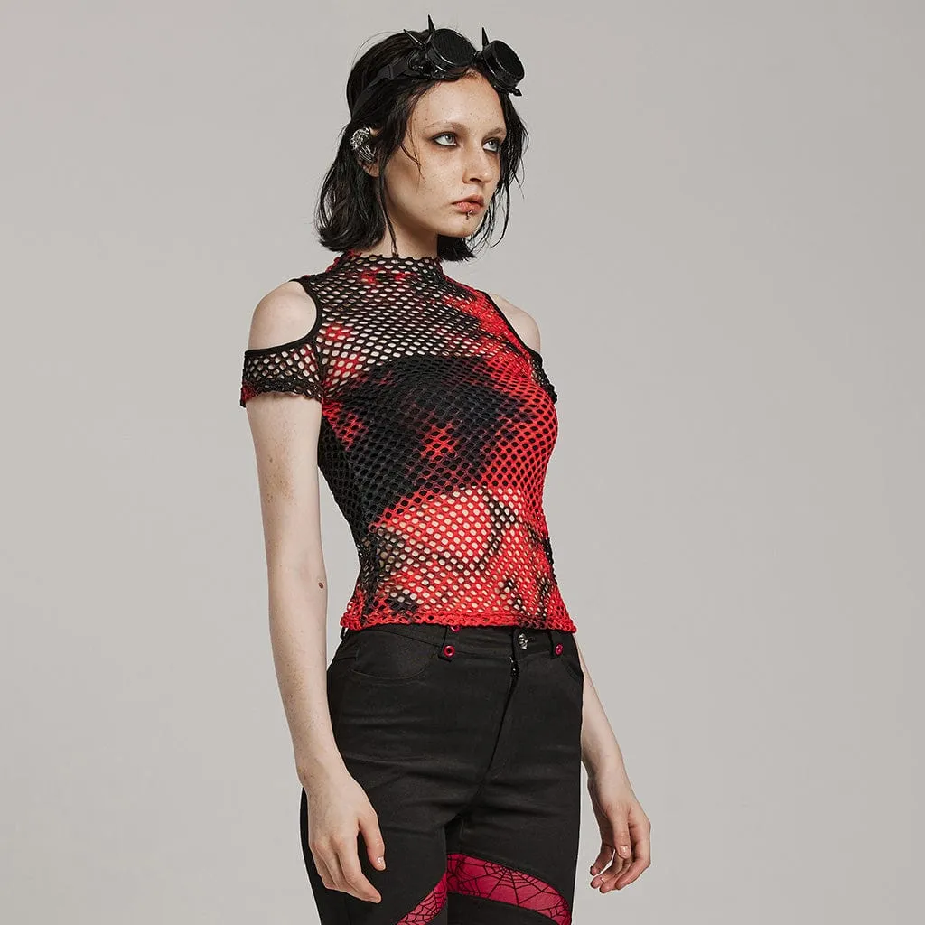 Women's Punk Tie-dyed Cutout Mesh Top Black-Red