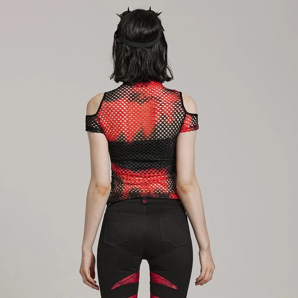Women's Punk Tie-dyed Cutout Mesh Top Black-Red