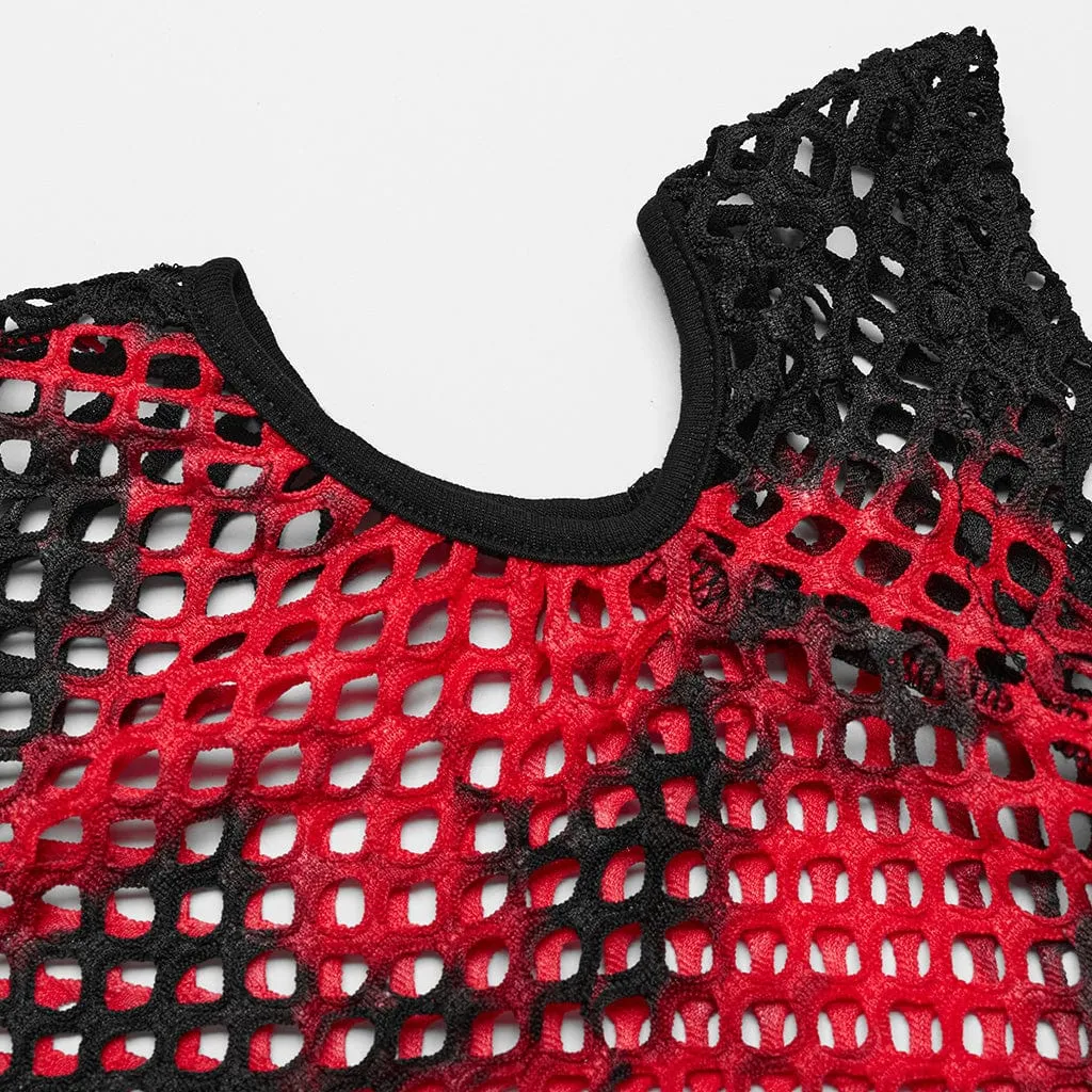 Women's Punk Tie-dyed Cutout Mesh Top Black-Red