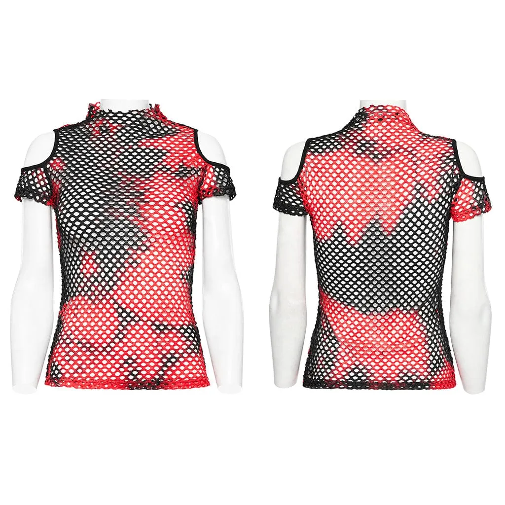 Women's Punk Tie-dyed Cutout Mesh Top Black-Red