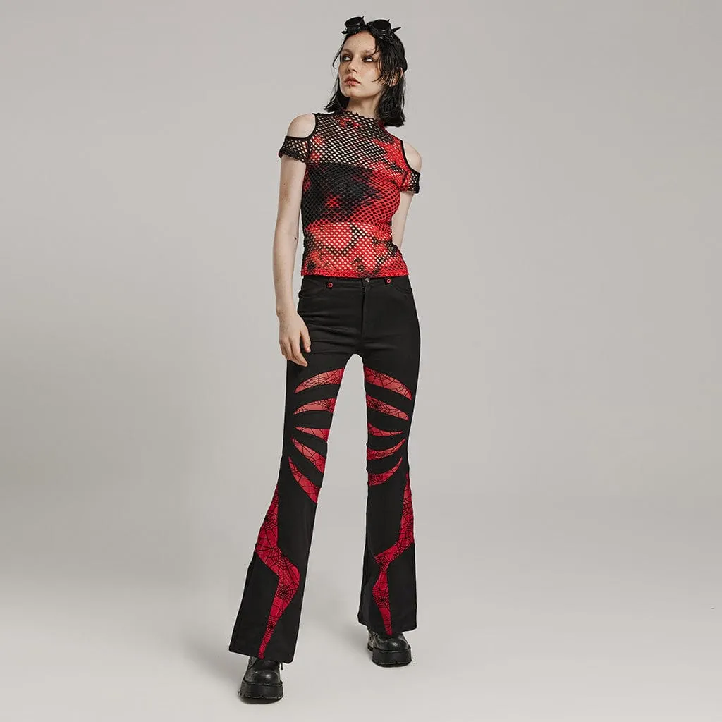 Women's Punk Tie-dyed Cutout Mesh Top Black-Red