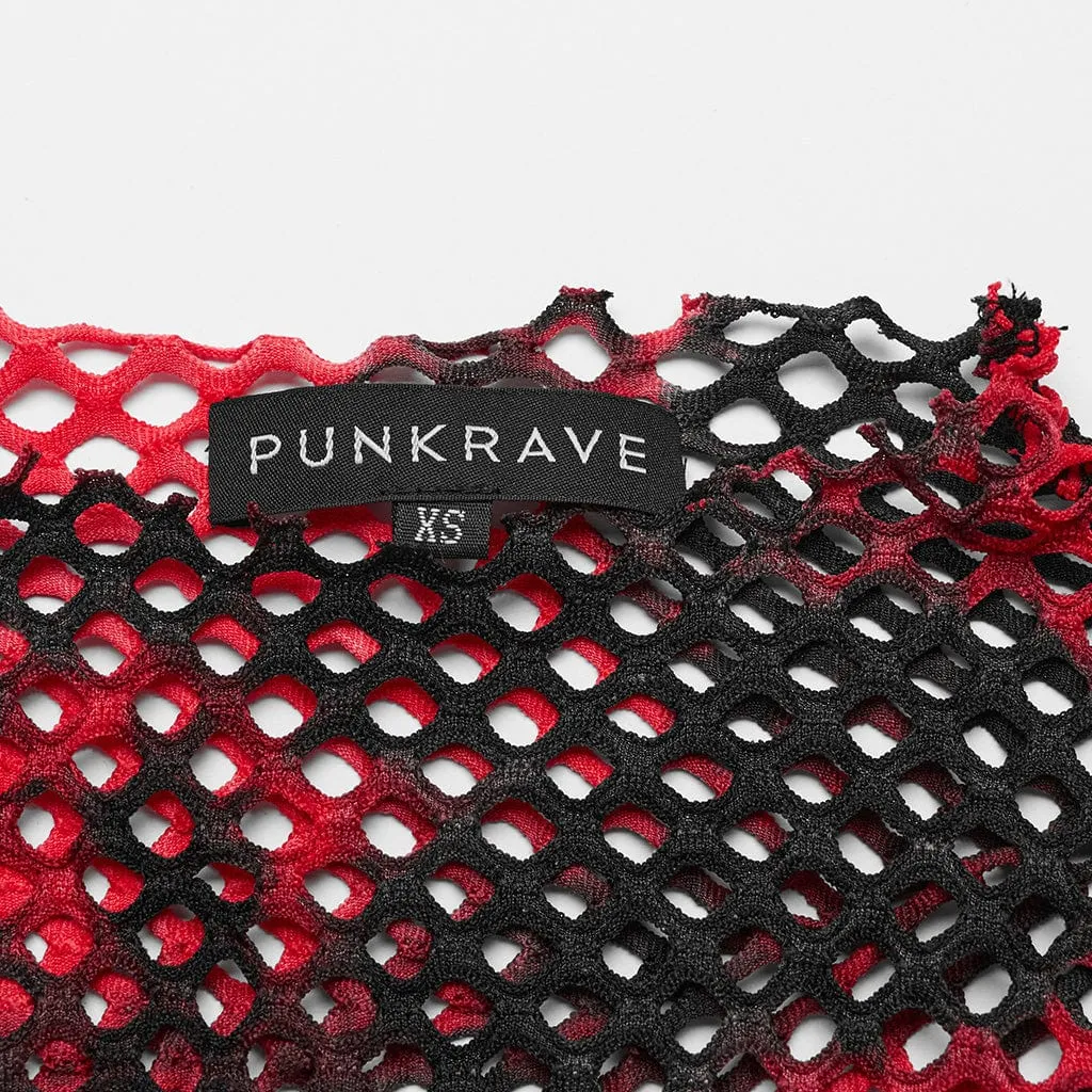 Women's Punk Tie-dyed Cutout Mesh Top Black-Red