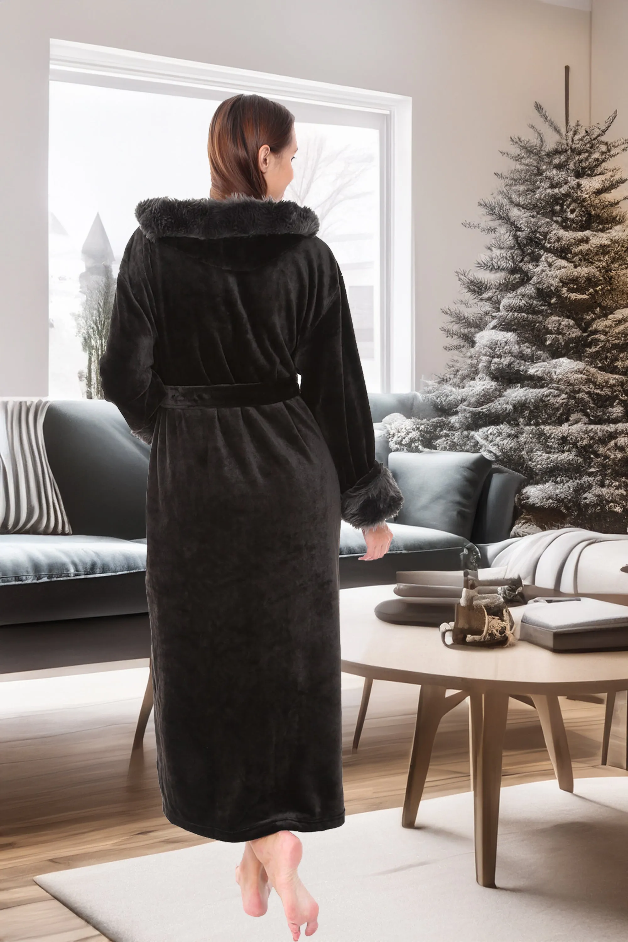 Women's Winter Robe with Faux Fur Feather, Plush Fleece Hooded Bathrobe