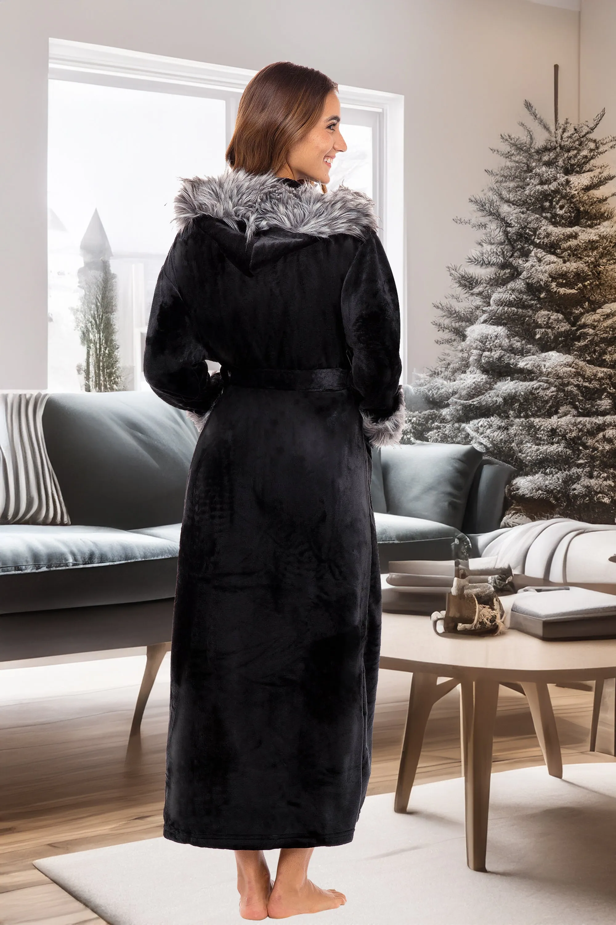 Women's Winter Robe with Faux Fur Feather, Plush Fleece Hooded Bathrobe