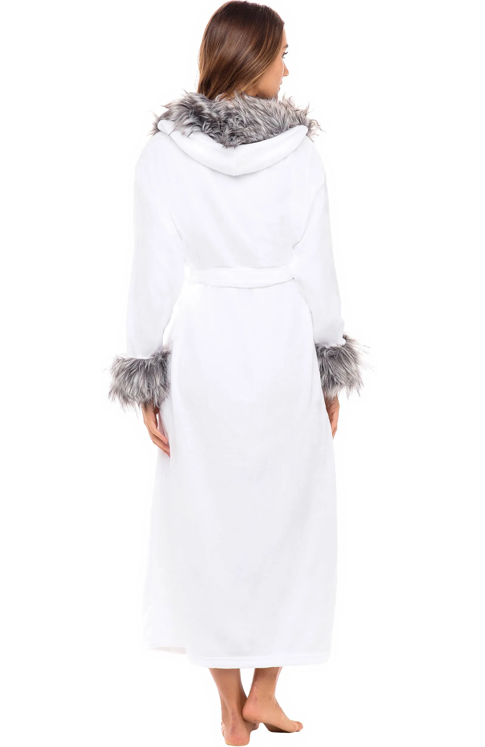 Women's Winter Robe with Faux Fur Feather, Plush Fleece Hooded Bathrobe
