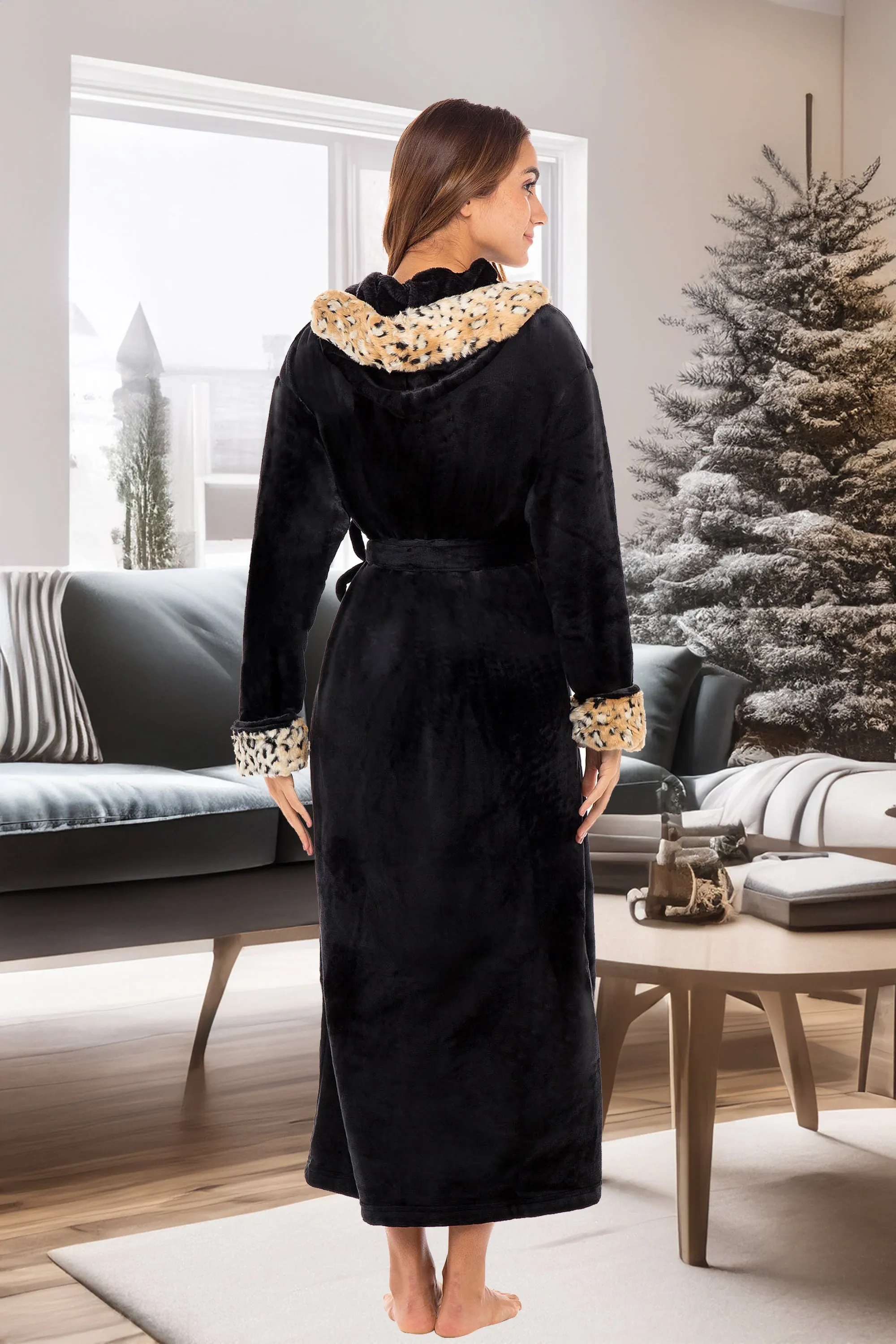 Women's Winter Robe with Faux Fur Feather, Plush Fleece Hooded Bathrobe