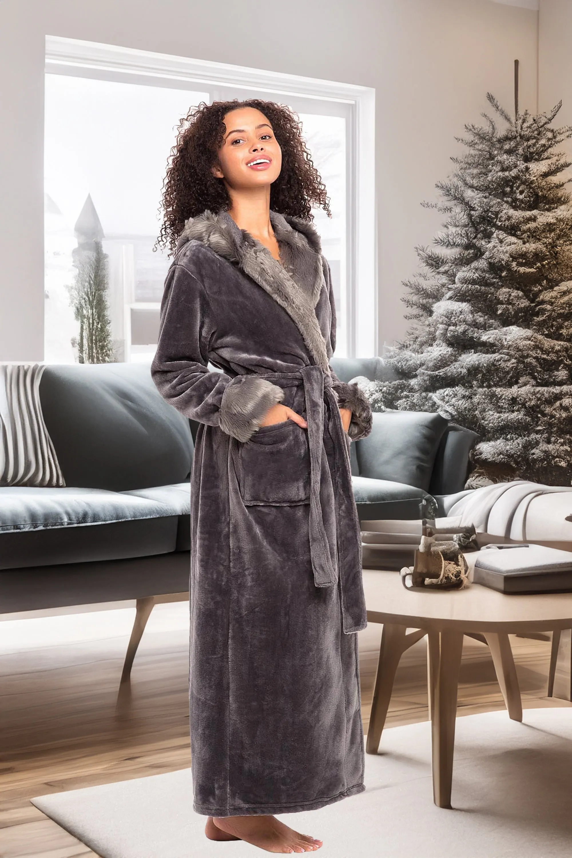Women's Winter Robe with Faux Fur Feather, Plush Fleece Hooded Bathrobe