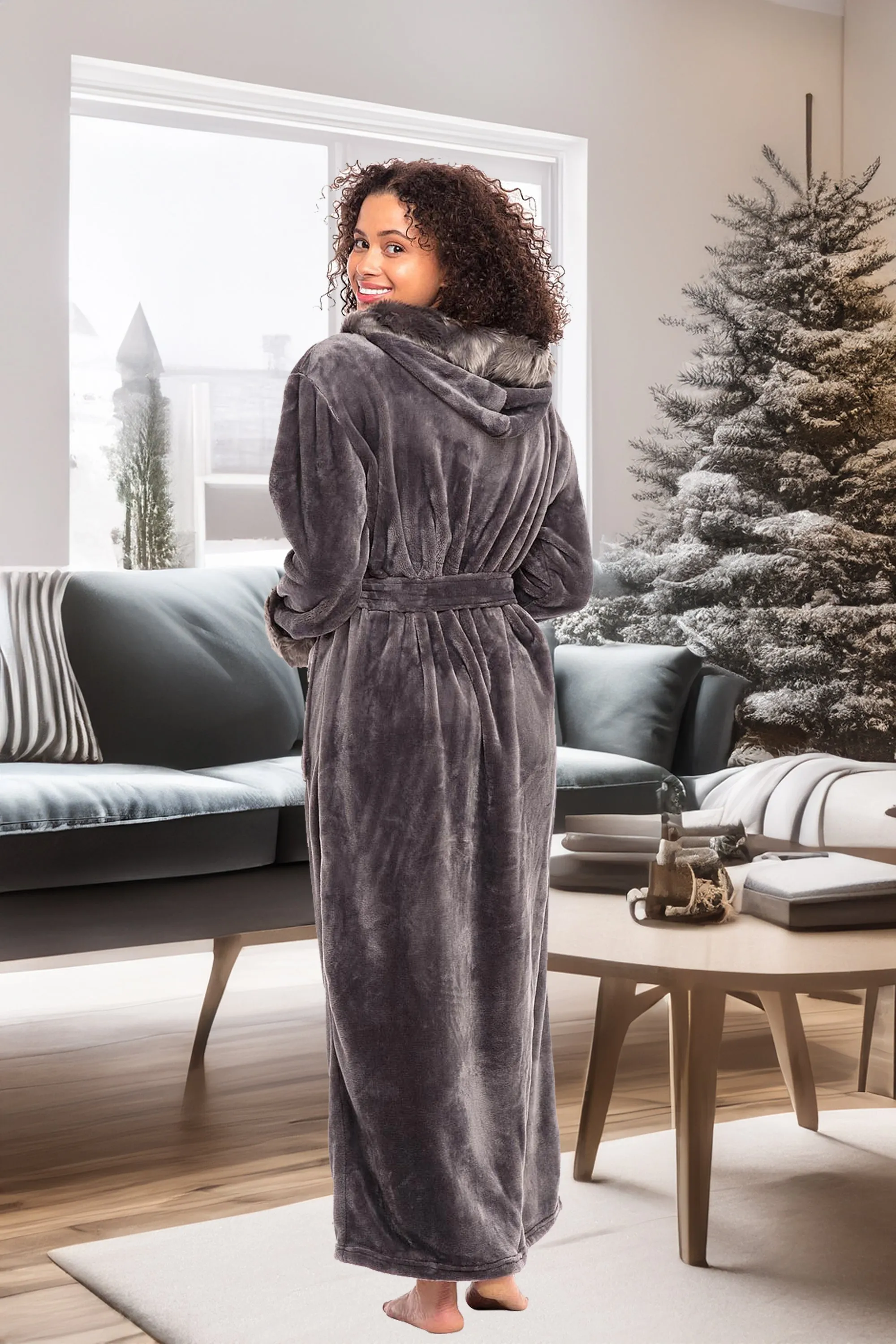 Women's Winter Robe with Faux Fur Feather, Plush Fleece Hooded Bathrobe