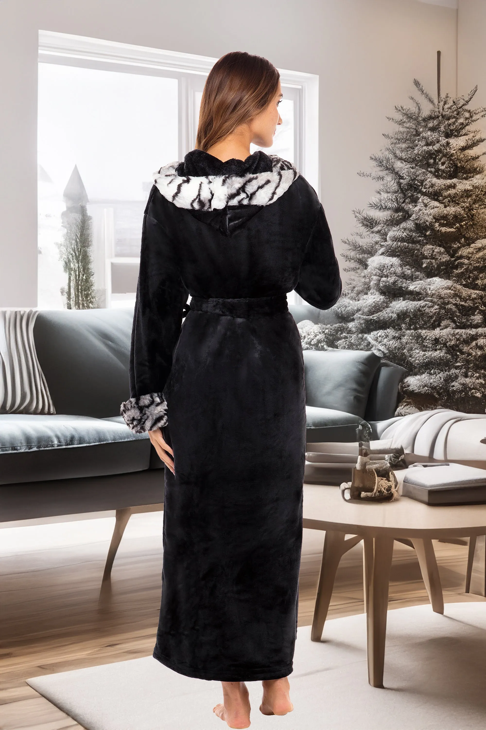 Women's Winter Robe with Faux Fur Feather, Plush Fleece Hooded Bathrobe